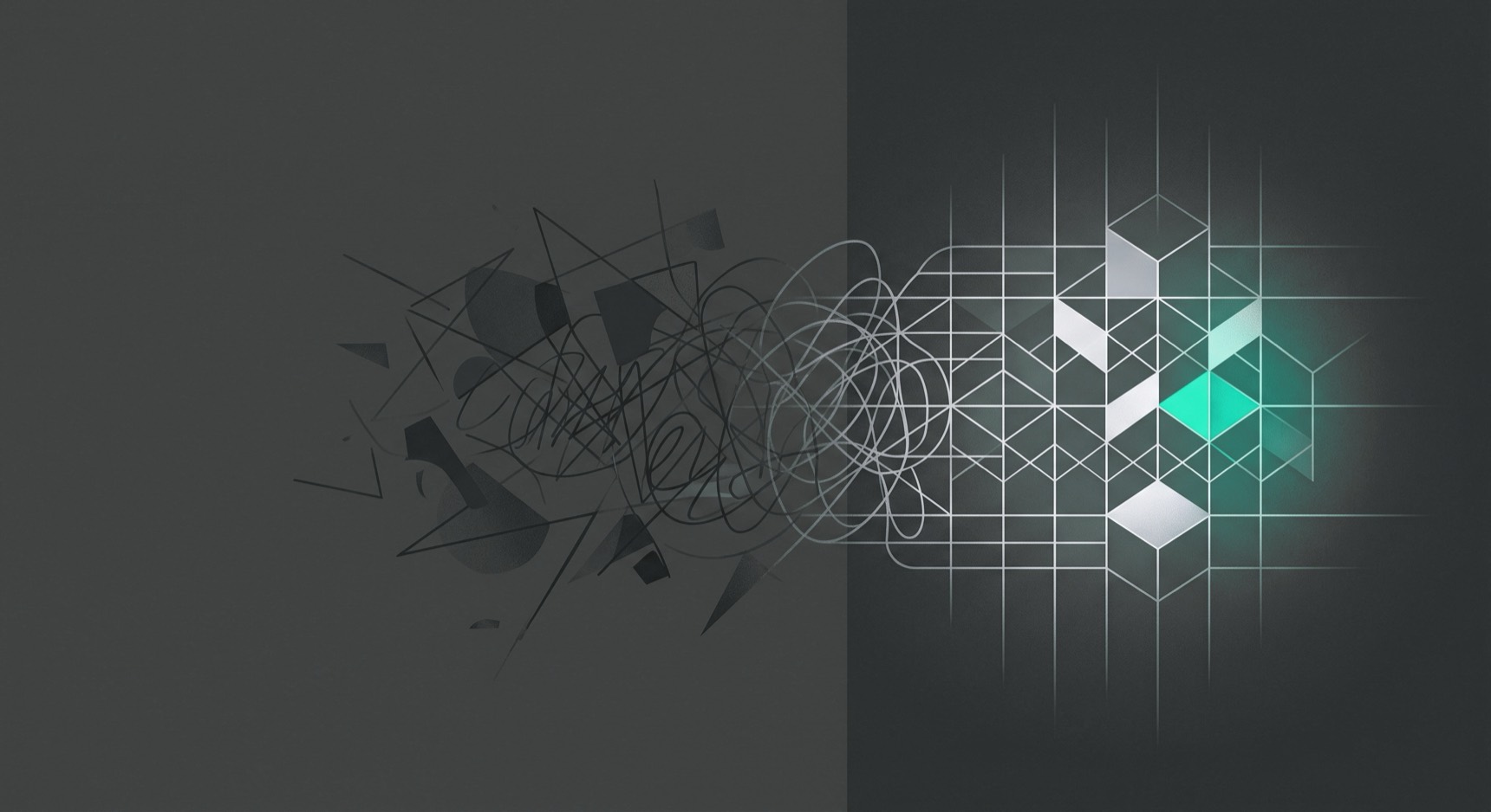 An abstract image in two halves. On the left, tangled scribbles and scattered fragments in grey. On the right, the same forms resolved into an ordered grid of interlocking cubes, lit in teal.