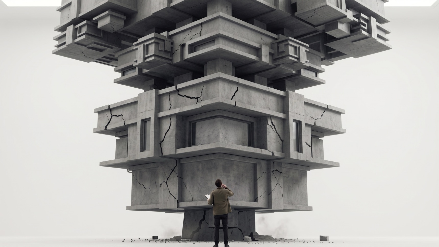 A heavy concrete tower, widening as it rises and cracked through every storey, resting on a single undersized plinth. A person stands at the base with a clipboard, looking up.